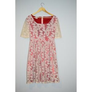 Shabby Apple Red Cream Floral Lace Fit Flare‎ Dress Short Sleeve Modest Size 8